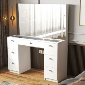 Boahaus Venus Lighted Makeup Vanity Desk with Bluetooth Speakers & Crystal Knobs, White