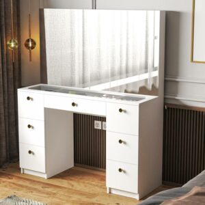 Boahaus Venus Modern White Painted Makeup Vanity Table with Golden Knobs, for Bedroom