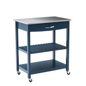 Boraam Holland Wood 36in. Kitchen Cart with Stainless Steel Top, Navy Blue Finish