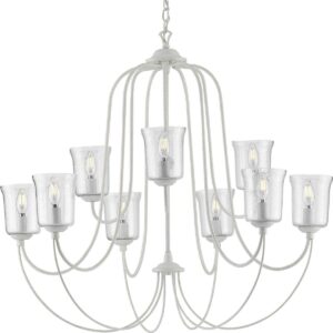 Progress Lighting, Bowman Collection, 9-Light Chandelier, Cottage White, Clear Glass Shades