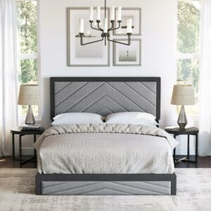 Boyd Sleep Barcelona Black/Gray Linen Queen Size Fully Upholstered Platform Bed Frame with Adjustable Headboard
