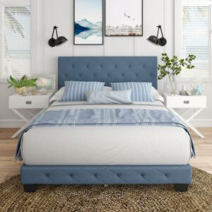Boyd Sleep Chloe Blue Linen Full Size Fully Upholstered Platform Bed Frame with Adjustable Headboard