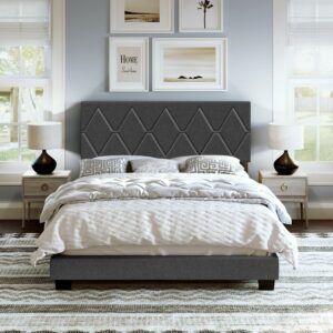 Boyd Sleep Diamond Black Linen Queen Size Fully Upholstered Platform Bed Frame with Adjustable Headboard, Qualified Box Spring or Foundation Required for Use