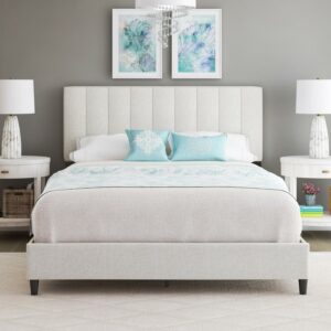 Boyd Sleep Leah Off White Linen Queen Size Fully Upholstered Platform Bed Frame with Adjustable Headboard