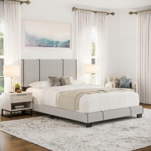 Boyd Sleep Lucena Off White Linen Queen Size Upholstered Platform Bed Frame with Adjustable Headboard, Qualified Box Spring or Foundation Required for Use