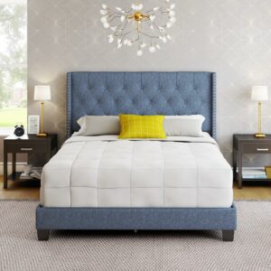 Boyd Sleep Mia Blue Linen Queen Size Fully Upholstered Platform Bed Frame with Tufted Headboard