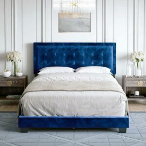 Boyd Sleep Pisa Blue Velvet Queen Size Fully Upholstered Platform Bed Frame with Adjustable Headboard