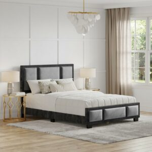Boyd Sleep Triptych Black/Gray Velvet Full Size Fully Upholstered Platform Bed Frame with Adjustable Headboard