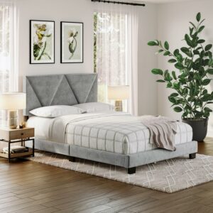 Boyd Sleep Vector Gray Velvet Queen Size Upholstered Platform Bed Frame with Adjustable Headboard