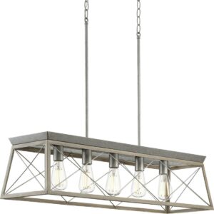 Briarwood Collection Five-Light Galvanized and Bleached Oak Farmhouse Style Linear Island Chandelier Light