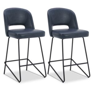 CHITA 26 in Modern Bar Stools Set of 2 with Open Back&Wood Legs, Faux Leather in Navy Blue