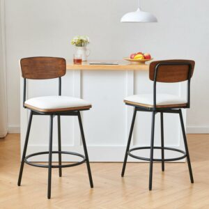 CHITA Swivel Counter Height Bar Stools with Back Set of 2, 27'' Seat Height, Metal & Wood Frame, White