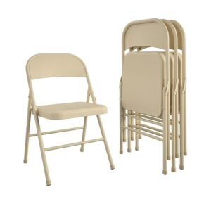 COSCO Essentials All-Steel Metal Folding Chair, Full-Size, Double Braced, Antique Linen, 4-Pack