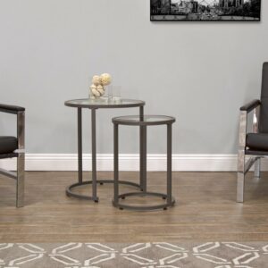 Studio Designs Camber Modern Round Nesting End Tables, Pewter Metal/Glass