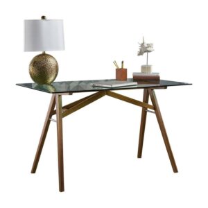 Camey Mid-Century Acacia Wood Desk with Tempered Glass Top