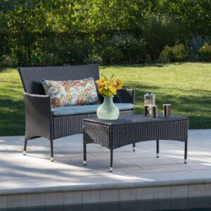 Camilo Outdoor 2 Piece Wicker Loveseat and Coffee Table Set with Cushion, Gray and Teal