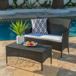 Camilo Outdoor Wicker Loveseat and Coffee Table Set with Cushions, Black, White