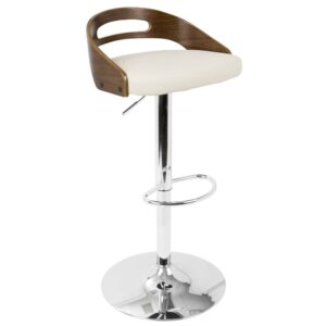 Cassis Mid-Century Modern Adjustable Barstool With Swivel In Walnut And Cream Faux Leather