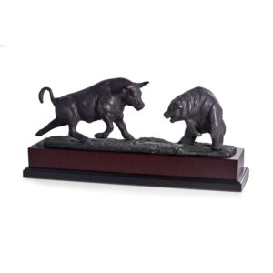 Charging Bull & Bear Sculpture with Bronzed Metal Finish on Burl Wood Base.