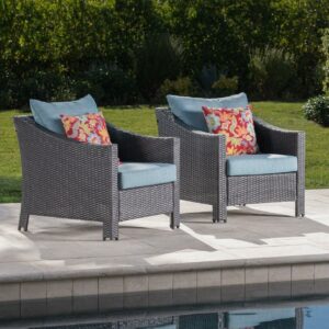 Charles Outdoor Gray Wicker Club Chairs with Teal Water Resistant Cushions (Set of 2)