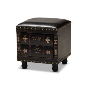 Charlier Rustic Antique Inspired Faux Leather Upholstered Wood Storage Ottoman with Book Spine Drawer