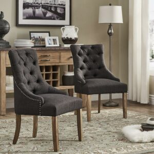 Weston Home Chelsea Lane Curved Back Linen Tufted Dining Chair, Set of 2, Dark Gray