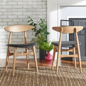 Chelsea Lane Mid Century Modern Black Faux Leather Wood Side Chairs, Set of 2, Ash Finish