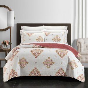 Chic Home Alpine 9-Piece Medallion Quilt Set, California King, Coral/Gold/White