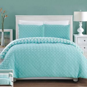 Chic Home CS3334-AN 3 Piece Ora Heavy Embossed and Embroidered Quilted Geometrical Pattern Reversible Printed King Comforter Set Aqua