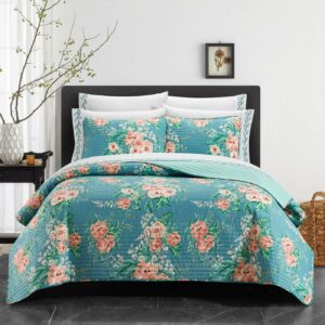 Chic Home Carli 9-Piece Floral Quilt Set, California King, Aqua/Coral