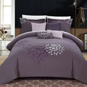 Chic Home Chelsia 8-Piece Floral Embroidered Comforter Set, Plum, King