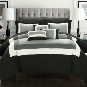 Chic Home Darren 10-Piece Color Block Bed in a Bag Comforter Set, Queen, Black