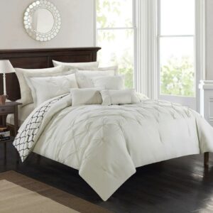 Chic Home Edney 10-Piece Reversible Pintuck Geometric Comforter Set, Queen, Beige