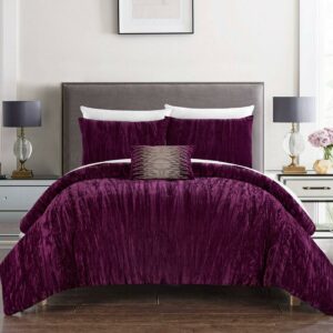 Chic Home Kerk 8-Piece Crinkle Crushed Velvet Bed in a Bag Comforter Set, Queen, Plum