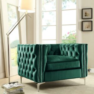 Chic Home Monet Velvet Modern Contemporary Button Tufted with Silver Nailhead Trim Silvertone Metal Y-leg Club Chair, Green