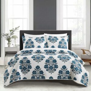 Chic Home Morten 7-PieceLarge Scale Floral Medallion Print Quilt Set, King, Blue