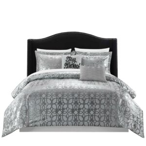 Chic Home Shea 9-Piece Metallic Lattice Pattern Bed in a Bag Comforter Set, Queen, Grey