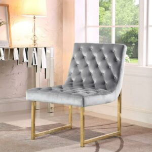 Chic Home Tatiana Accent Chair Sleek Elegant Tufted Velvet Upholstery Plush Cushion Brass Finished Polished Metal Frame, Contemporary Modern, Grey