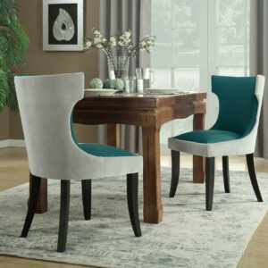 Chic Home Zeke Dining Side Chair Velvet PU Leather Espresso Wood Frame Modern Transitional, 2pc Set, Light Grey/Teal