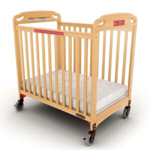 Child Craft Safe Haven Evacuation Compact Crib with 3" Mattress, ClearView Panels, 4" Wheels, Natural