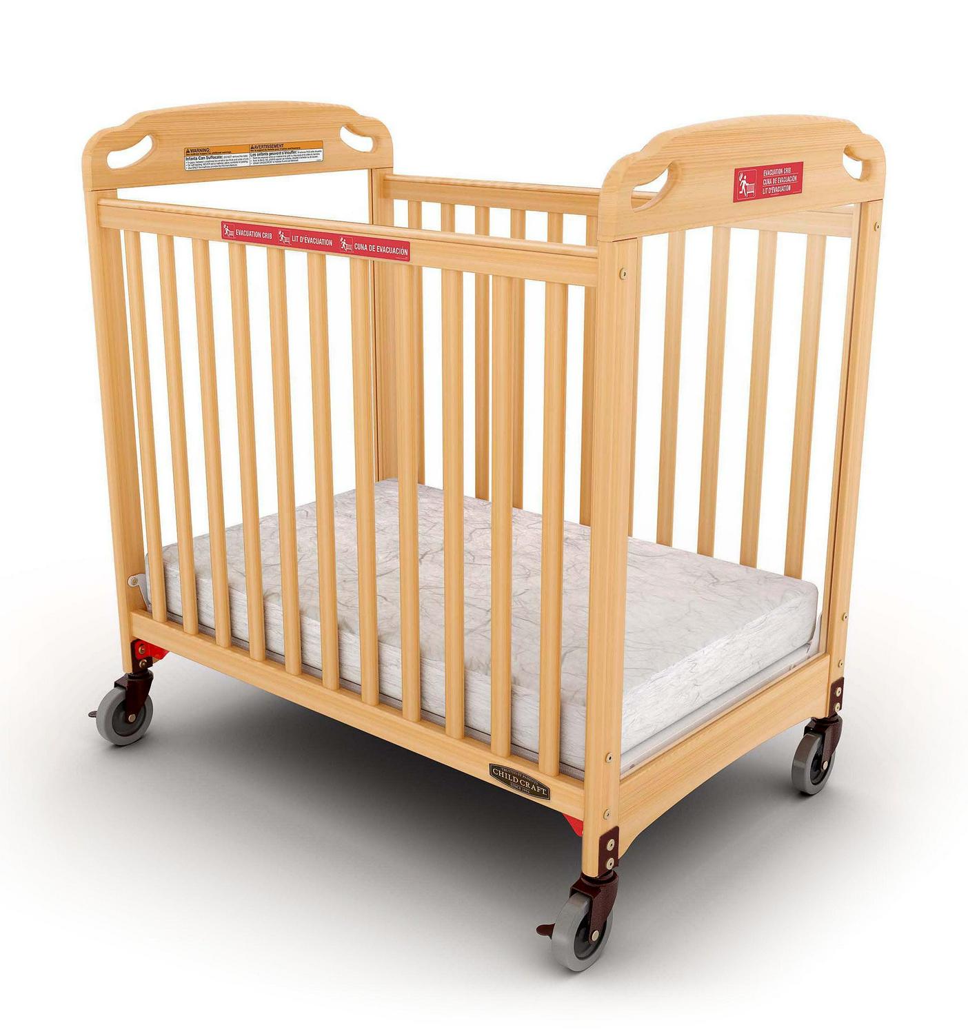 Child Craft Safe Haven Evacuation Compact Crib with 3" Mattress, ClearView Panels, 4" Wheels, Natural