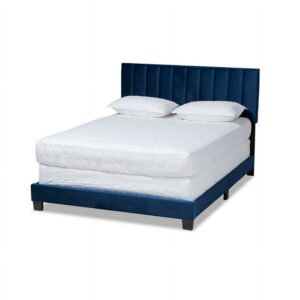 Baxton Studio Clare Full Size Navy Blue Velvet Panel Bed with Tufted Headboard