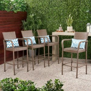 Clevertine Outdoor Wicker Barstool with Iron Frame, Set of 4, Mix Mocha