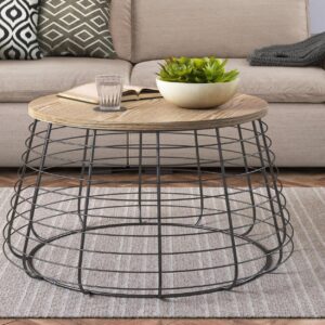 ClickDecor Morris Metal and Wood Top Round Coffee Table in Black