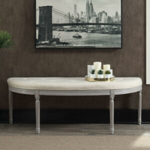 Coastal Button Tufted Light Beige Upholstered Bench with Weathered Gray Legs
