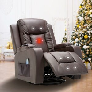 COMHOMA Swivel Rocker Recliner Chair,, 35.8" Wide PU Leather Rocking Sofa with Heated Massage, Brown