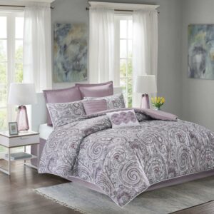 Comfort Spaces King Size Comforter Set, 8-Piece Paisley Bedding Set for All Season, Purple King Bedding Comforter Set with Decor Pillow and Bedskirt