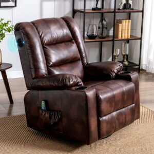 Comhoma Faux Leather Massage Swivel Rocker Recliner with Speakers, Brown