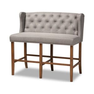 Contemporary Grey Fabric Upholstered Walnut Finished Wood Button Tufted Bar Stool Bench
