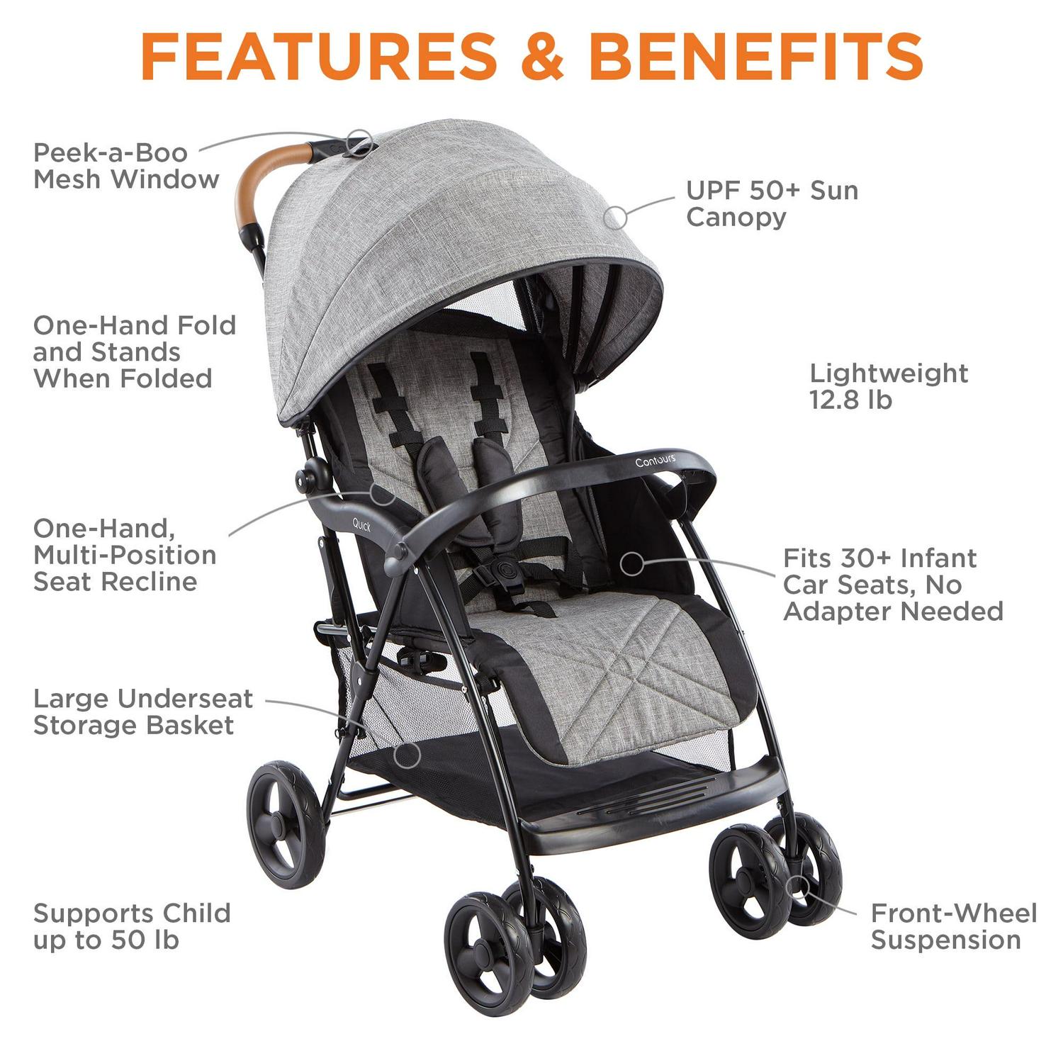 Contours Quick® Lightweight Travel Stroller, Compact Newborn Stroller, Gray - Image 2